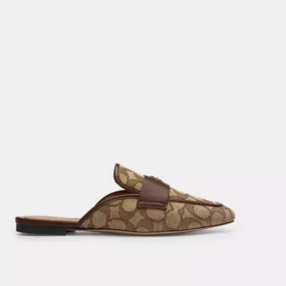 Coach Samie Slide-On Mule Flat Women's Size 7 Khaki Leather Signature Jacquard - Picture 2 of 4